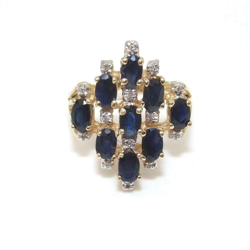 14K Yellow Gold Natural Sapphire Diamond Cluster Ring Size 7.25